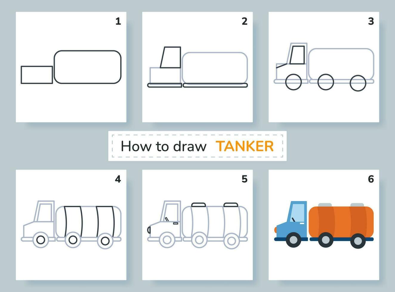 dessin Didacticiel. Comment à dessiner de l'essence camion. éducation et activité page pour préscolaire et école les enfants. des gamins feuille de travail. étape par étape art cours avec transport. vecteur illustration.