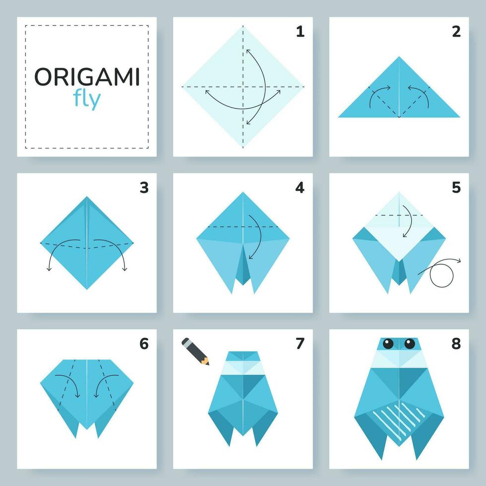 mouche origami schème Didacticiel en mouvement modèle. origami pour enfants. étape par étape Comment à faire une mignonne origami insecte. vecteur illustration.