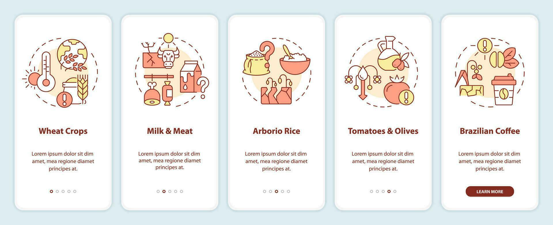 Icônes représentant thermoflation impact mobile app écran ensemble. procédure pas à pas 5 pas modifiable graphique instructions, interface utilisateur, ux, gui modèle. vecteur