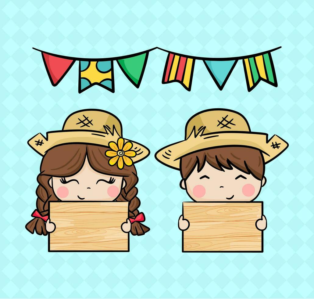 dessin garçon et fille avec paille Chapeaux en portant une en bois signe festa Junina Brésil vecteur