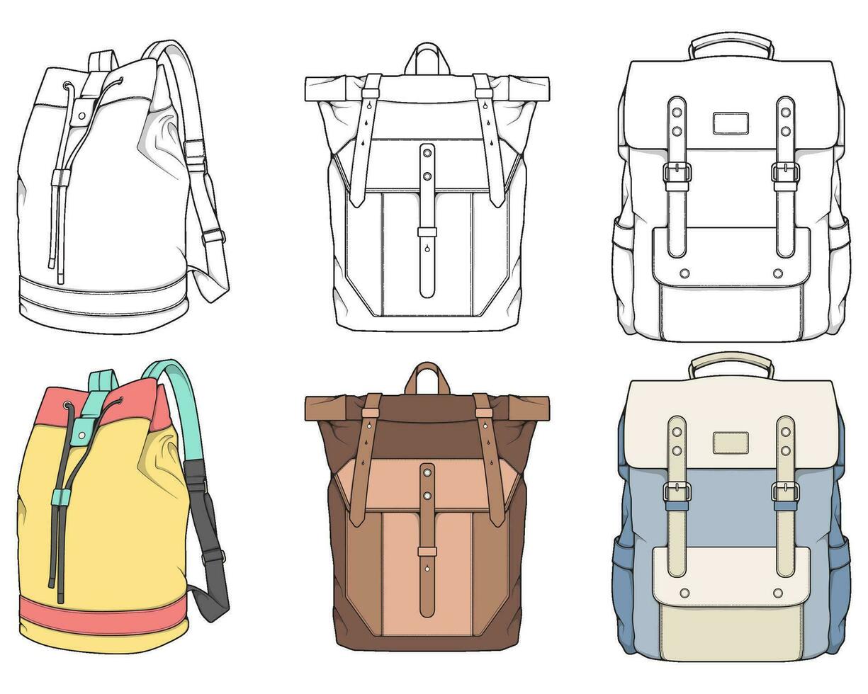 main tiré coloré vecteur ensemble de sacs à dos. dessin animé décontractée sac à dos, cool sac à dos coloré. sacs à dos vecteur illustration.