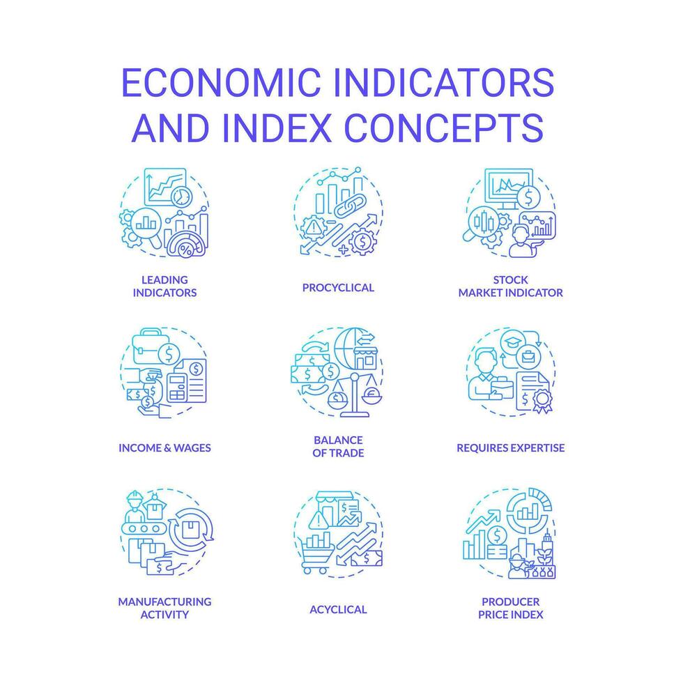 économique indicateurs et indice bleu pente concept Icônes ensemble. affaires Les données analytique idée mince ligne Couleur illustrations. isolé symboles. modifiable accident vasculaire cérébral vecteur