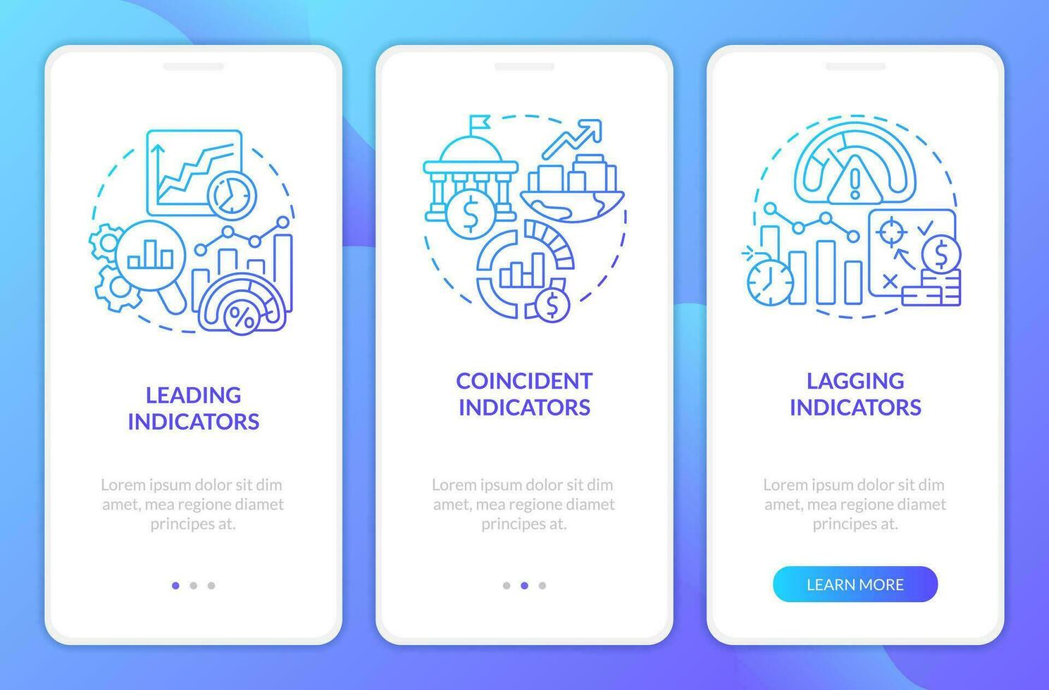 les types de économique indicateurs bleu pente l'intégration mobile app filtrer. procédure pas à pas 3 pas graphique instructions avec linéaire concepts. interface utilisateur, ux, gui modèle vecteur