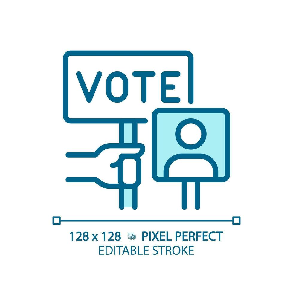 2d pixel parfait bleu icône de main en portant voter signe, vecteur illustration représentant vote, modifiable élection symbole.