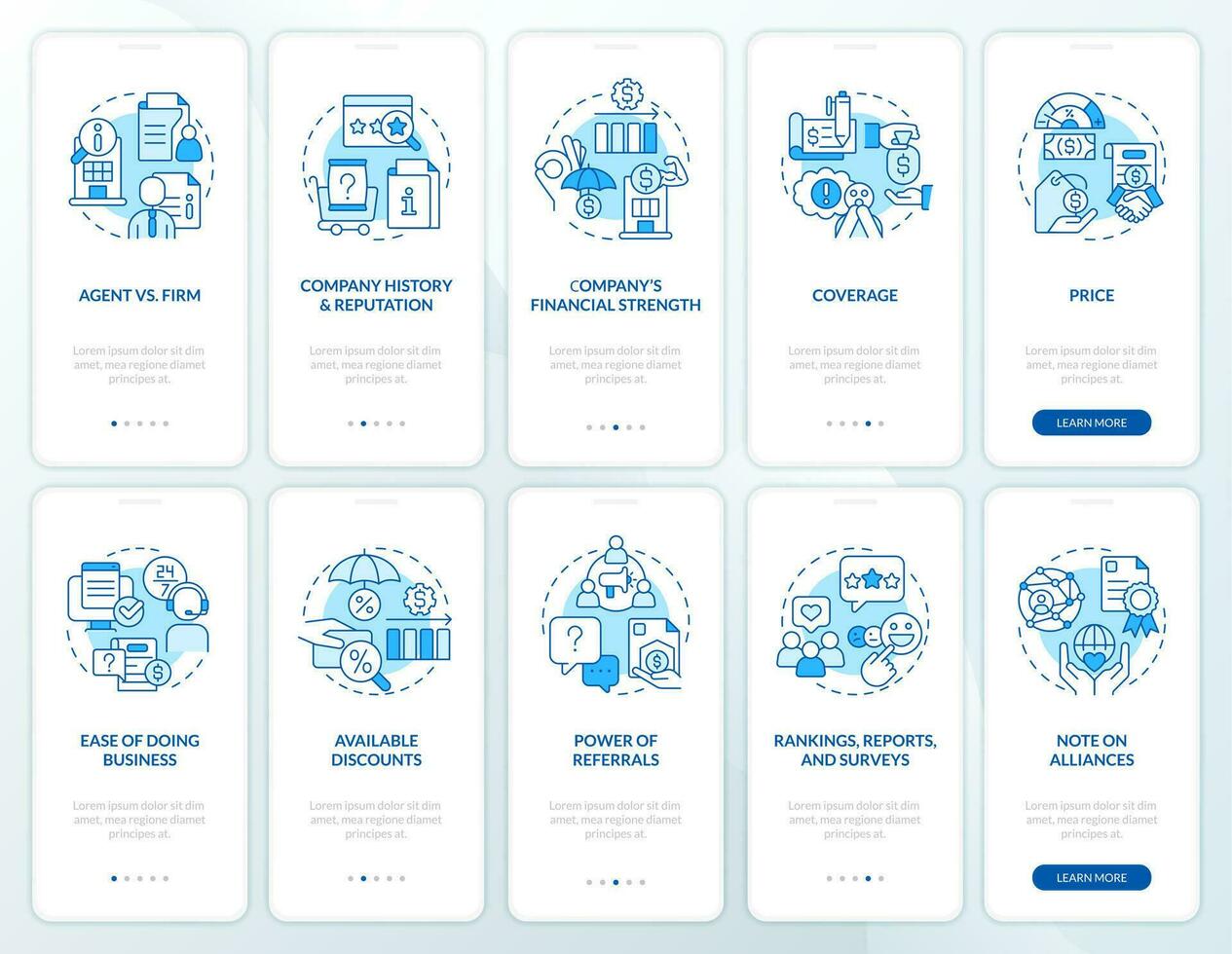 Assurance entreprise avantages bleu l'intégration mobile app écran ensemble. procédure pas à pas 5 pas modifiable graphique instructions avec linéaire concepts. interface utilisateur, ux, gui modèle vecteur