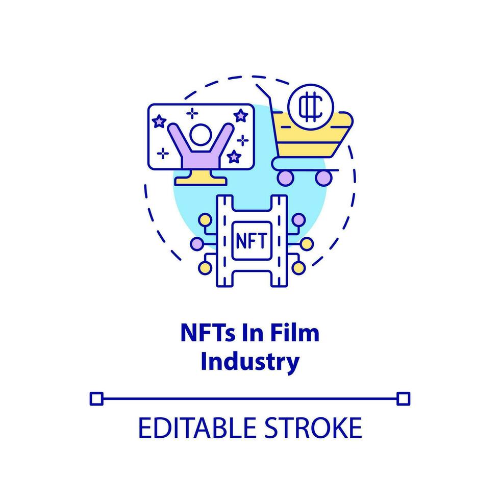 nft dans film industrie concept icône. monétiser la télé et film projets. prometteur tendance abstrait idée mince ligne illustration. isolé contour dessin. modifiable accident vasculaire cérébral vecteur