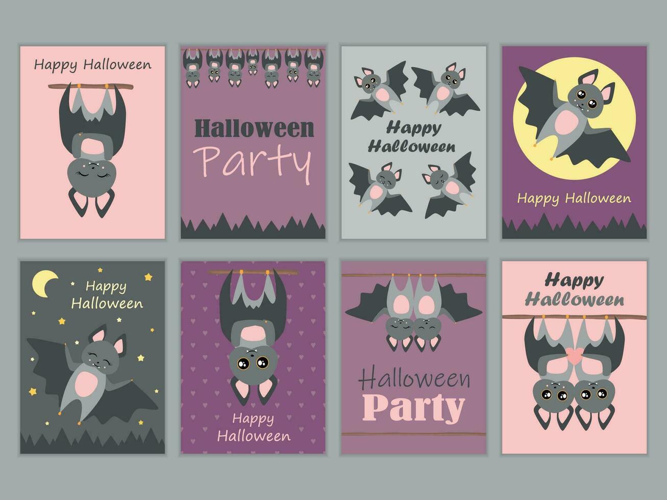 Halloween salutation cartes et affiches ensemble. dessin animé chauve souris pendaison sur le arbre et en volant chauve souris. vecteur illustration