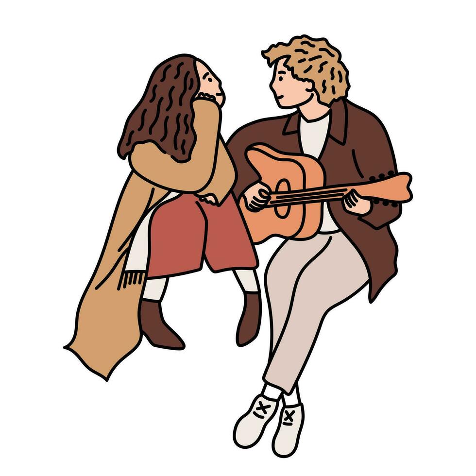 couple dans l'amour. homme en jouant guitare et femme dans romantique des relations. romantique temps ensemble. Valentin journée. main tiré style. vecteur illustration