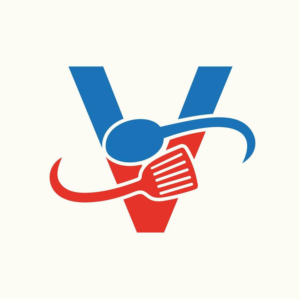 lettre v restaurant logo combiné avec spatule et cuillère icône vecteur
