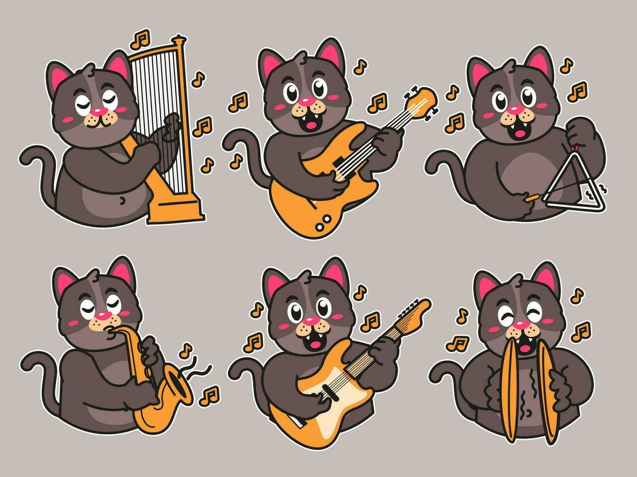 noir chat dessin animé autocollant en jouant la musique vecteur