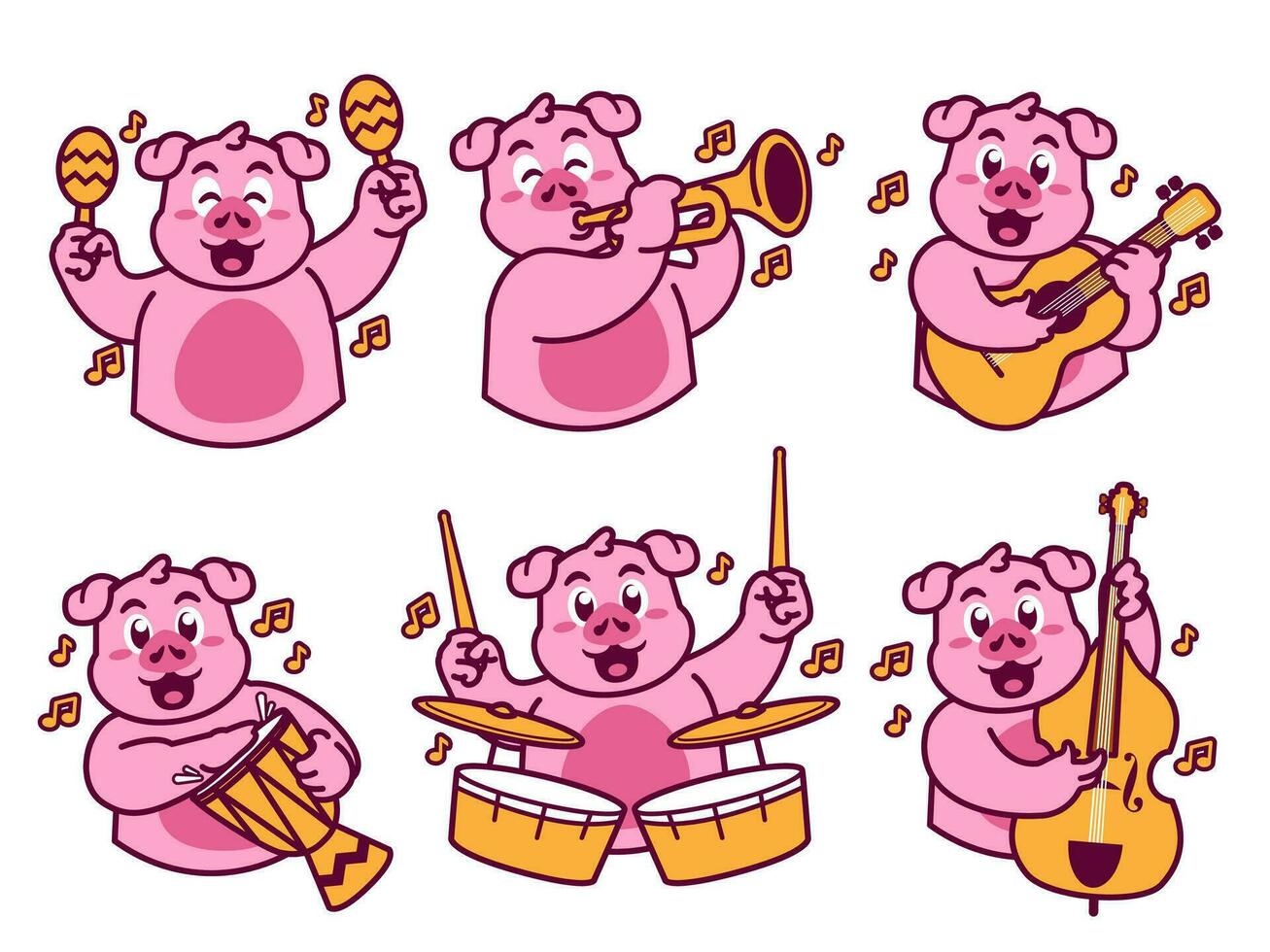 porc dessin animé autocollant en jouant la musique vecteur