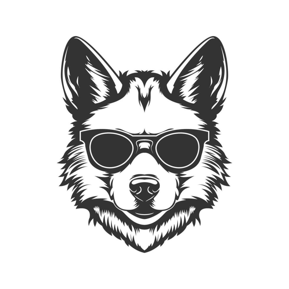 Loup portant des lunettes de soleil, ancien logo ligne art concept noir et blanc couleur, main tiré illustration vecteur