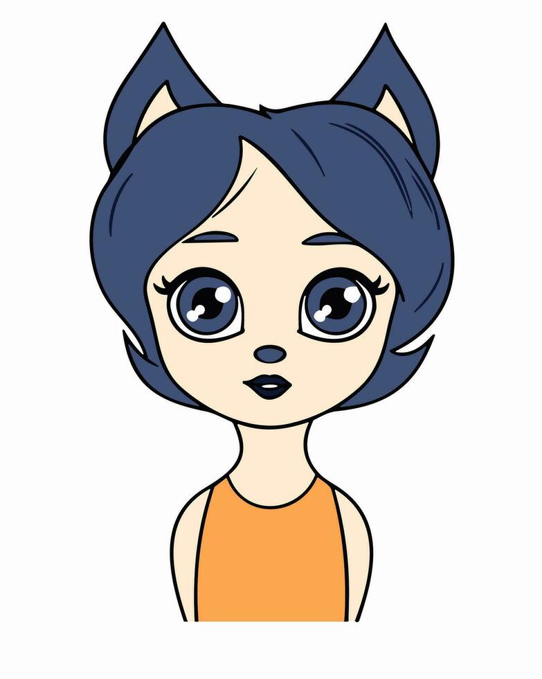 une dessin animé fille avec bleu yeux et une chats oreilles vecteur