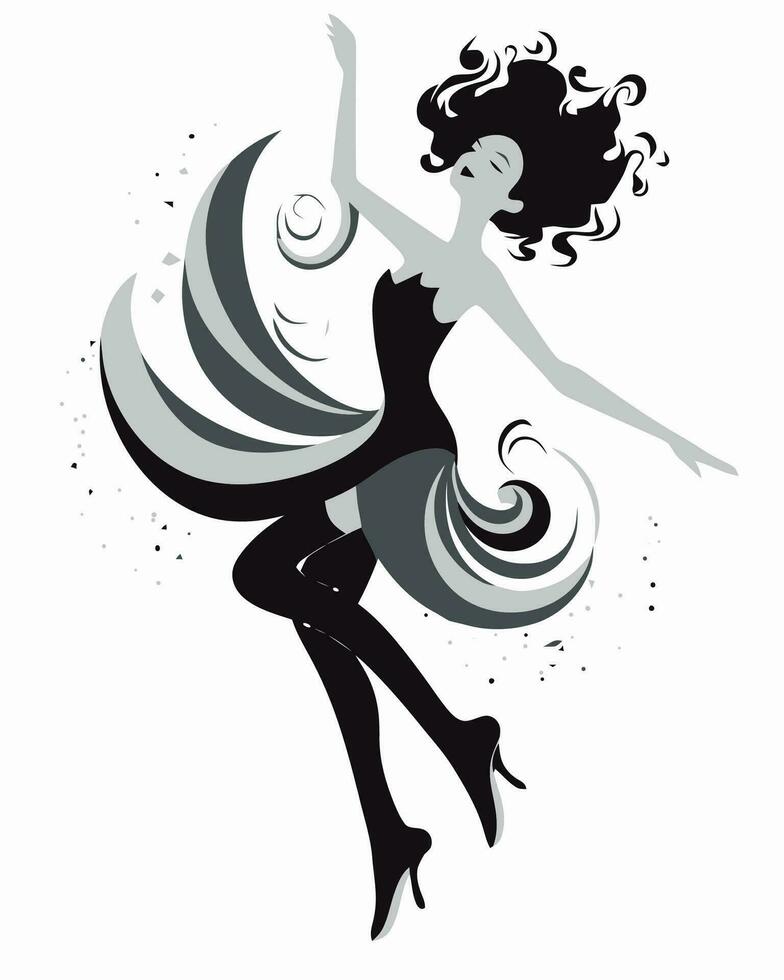 une noir et blanc illustration de une femme dans une robe vecteur