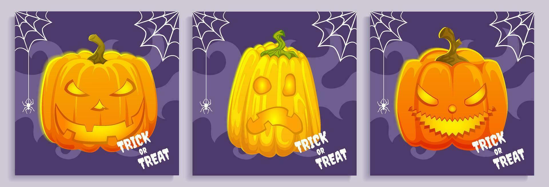 Trois Halloween cartes postales avec embrasé citrouille lanternes vecteur