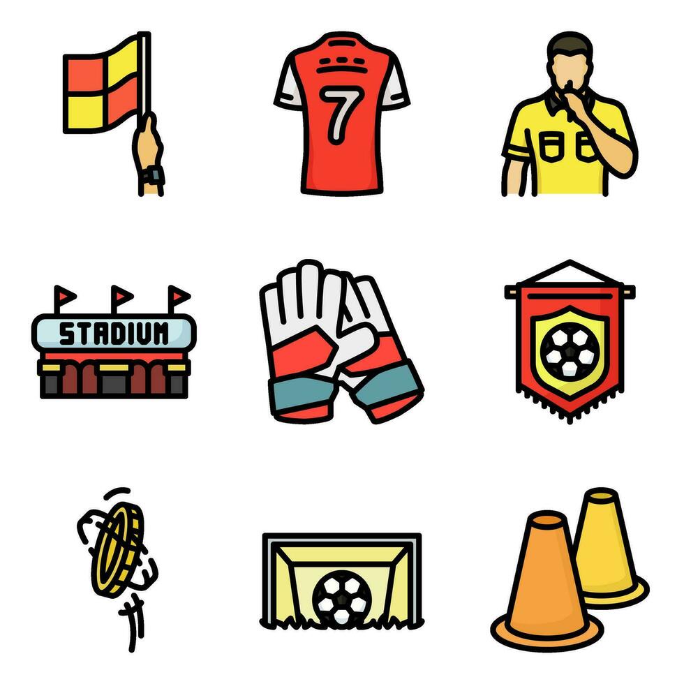 football icône ensemble, dans coloré contour style, comprenant drapeau, arbitre, stade, but, et gants. adapté pour des sports et Football besoins. vecteur