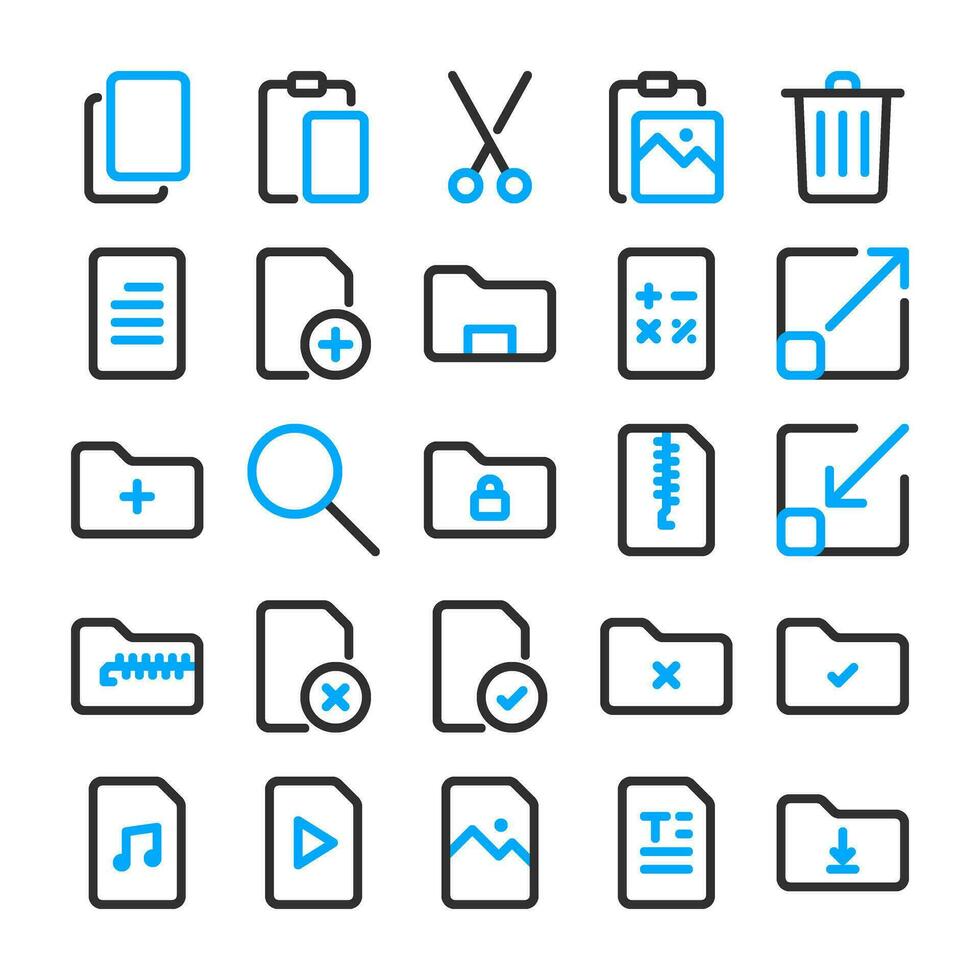 les documents fichier icône ensemble, dans double Ton style, adapté pour entreprise, bureau, travail, ui et technologie. cette comprend des dossiers, données, Nouveau documents, Dossiers, modifier, copie, archive, fichier format, et supprimer. vecteur