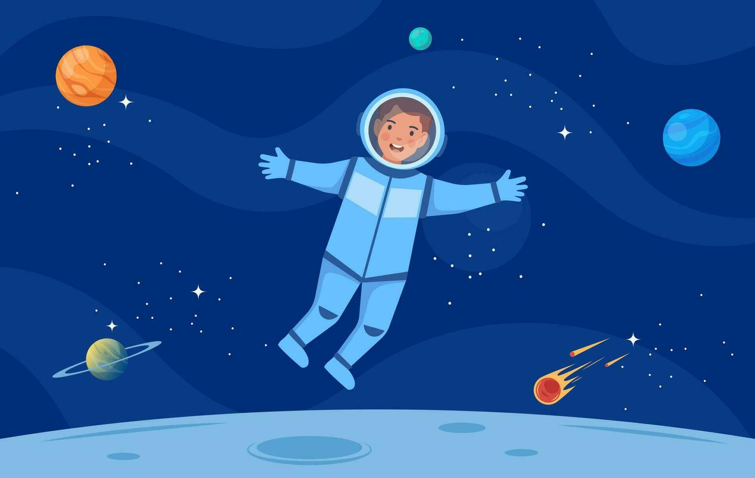 astronaute dessin animé personnage dans extérieur espace costume. astronaute enfant. dessin animé garçon portant astronaute costume. vecteur illustration.