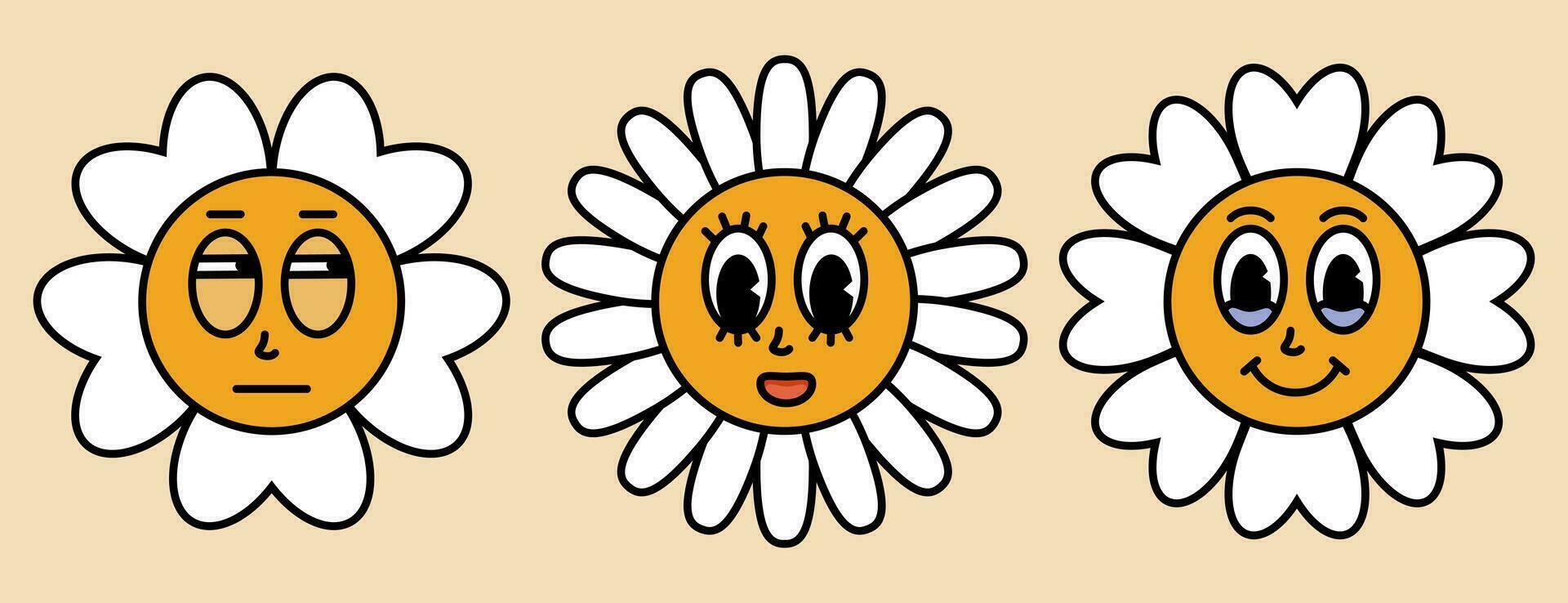 Marguerite fleurs avec dessin animé marrant visages. Floraison camomille avec différent émotion soupçon, mignon, en portant retour larmes. autocollant pack dans branché rétro. 30s, 50 ans, Années 60 ancien bande dessinée sourire. vecteur illustration