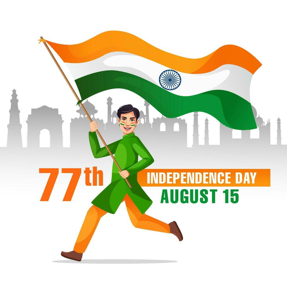 affiche conception de content indépendance journée modèle, Indien garçon fonctionnement et agitant le nationale drapeau de Inde. vecteur