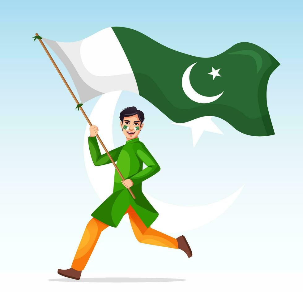 pakistanais garçon en portant Pakistan drapeau. célébrer Pakistan indépendance journée vecteur