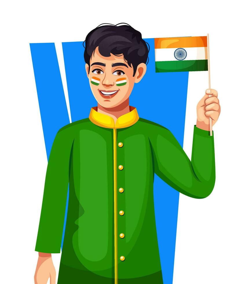 Indien garçon en portant Indien drapeau et peint Indien drapeau sur le sien affronter. Stock vecteur pour république et indépendance journée.