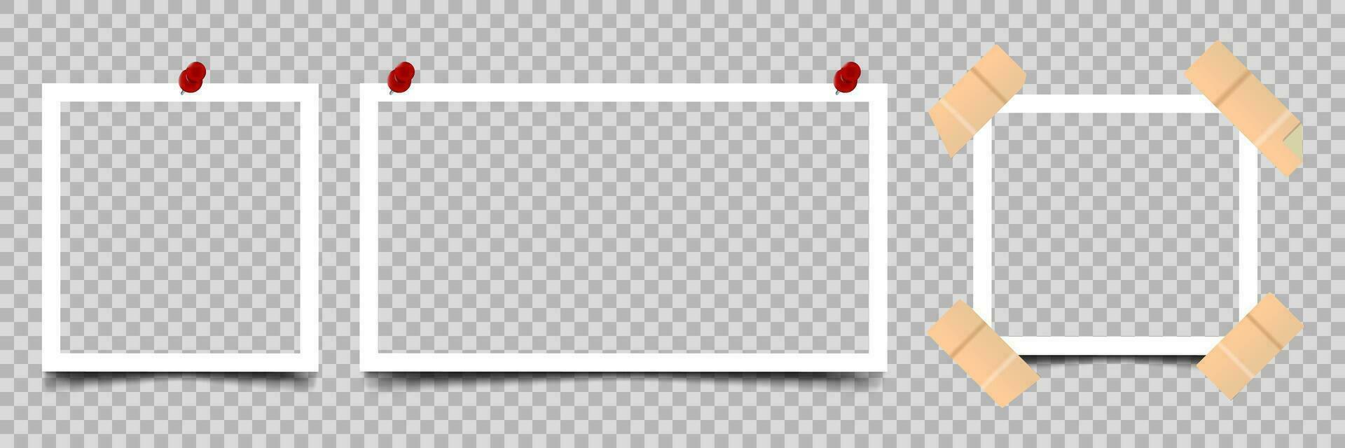 réaliste image Cadre ensemble. photo Cadre ensemble collé avec adhésif et pousser épingles. photo Cadre modèle avec ombres sur une transparent Contexte vecteur