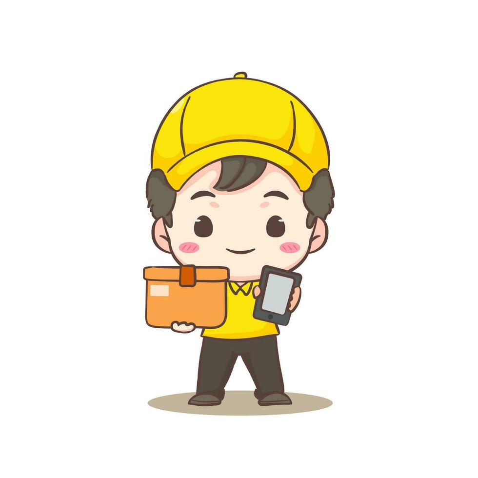 mignonne livraison homme adorable dessin animé personnage. courrier portant uniforme et chapeau livraison emballer. gens profession concept conception. isolé blanc Contexte. vecteur illustration