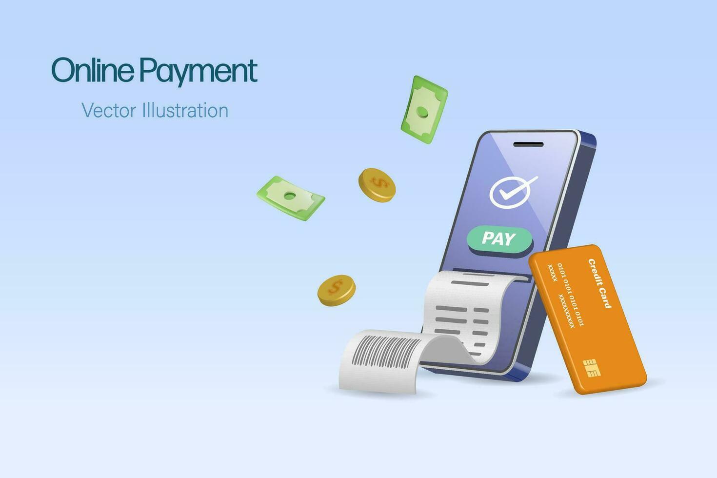 en ligne paiement, numérique bancaire concept. téléphone intelligent avec Succès transaction dans crédit carte Paiement et facturation le reçu sur mobile toucher filtrer. 3d vecteur. vecteur