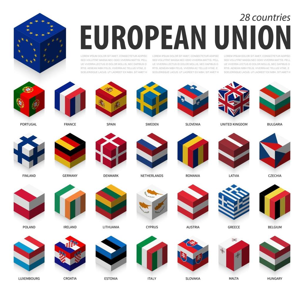 union européenne et adhésion . UE . Conception de dessus isométrique de drapeau cubique 3D. vecteur