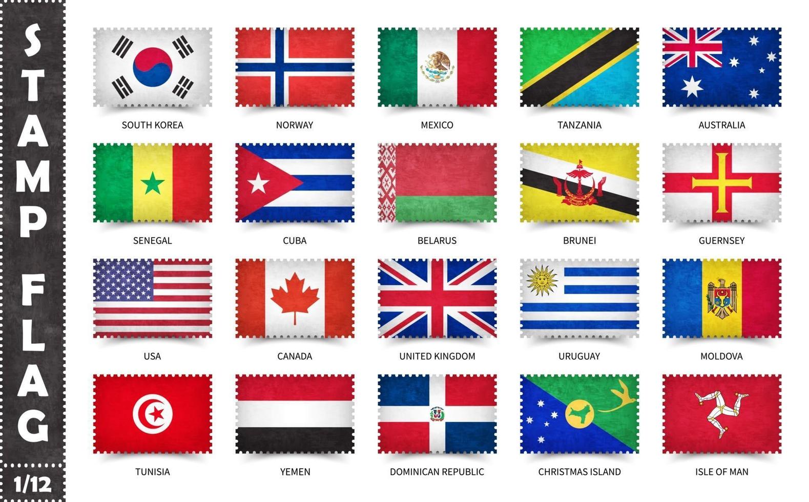 timbre avec le motif officiel du drapeau du pays et l'ancienne texture grunge et le nom du pays. forme rectangulaire. vecteur. ensemble 1 de 12 sur cette série. tous les drapeaux nationaux du monde. vecteur