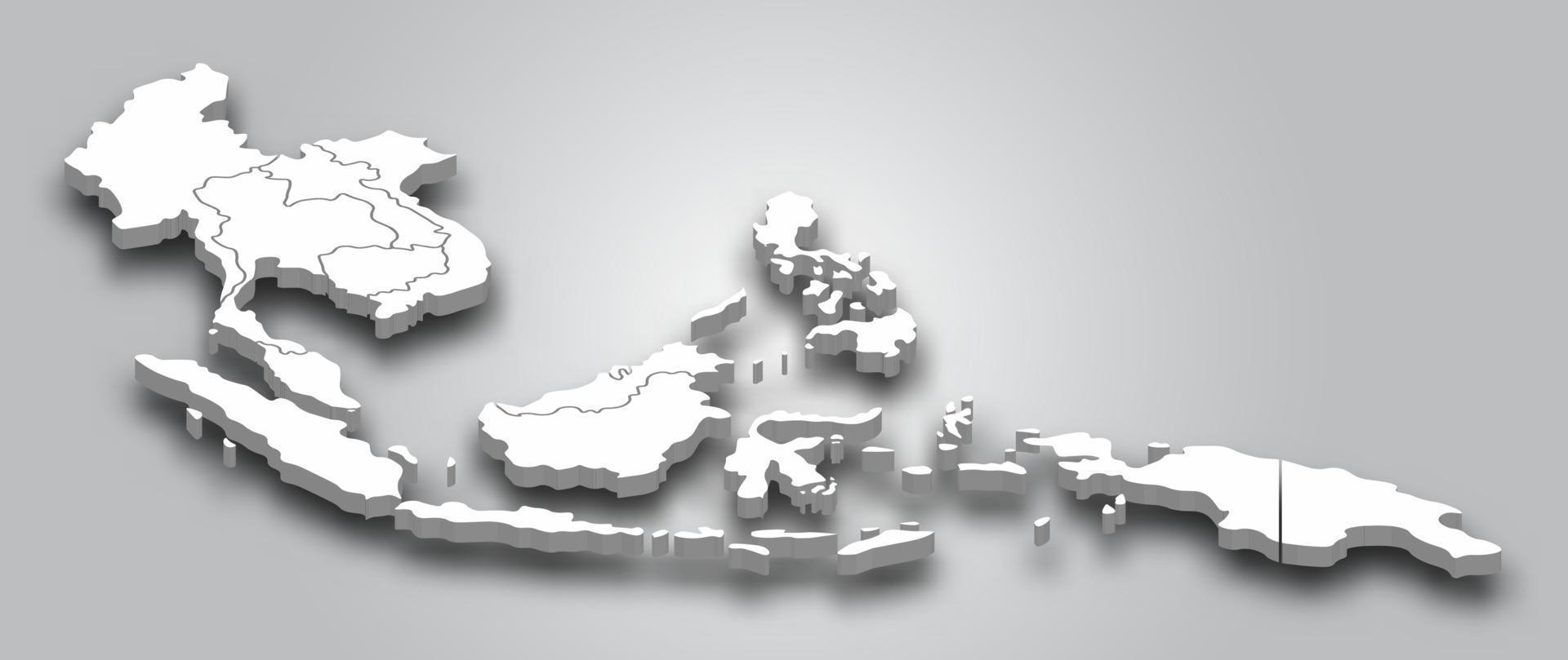Carte 3D de l'Asie du Sud-Est avec vue en perspective sur fond dégradé de couleur grise. vecteur. vecteur