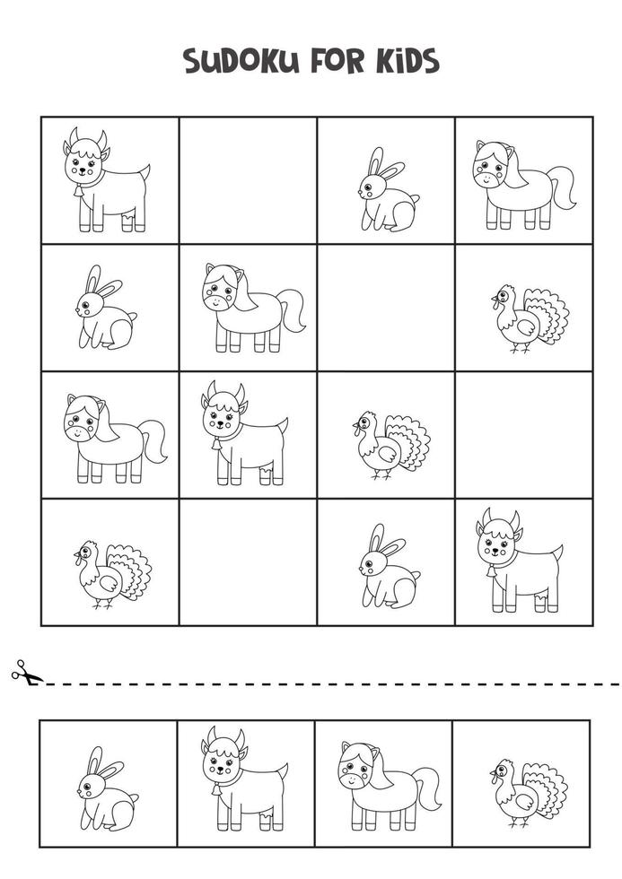 jeu de sudoku pour les enfants avec de mignons animaux de la ferme en noir et blanc. vecteur