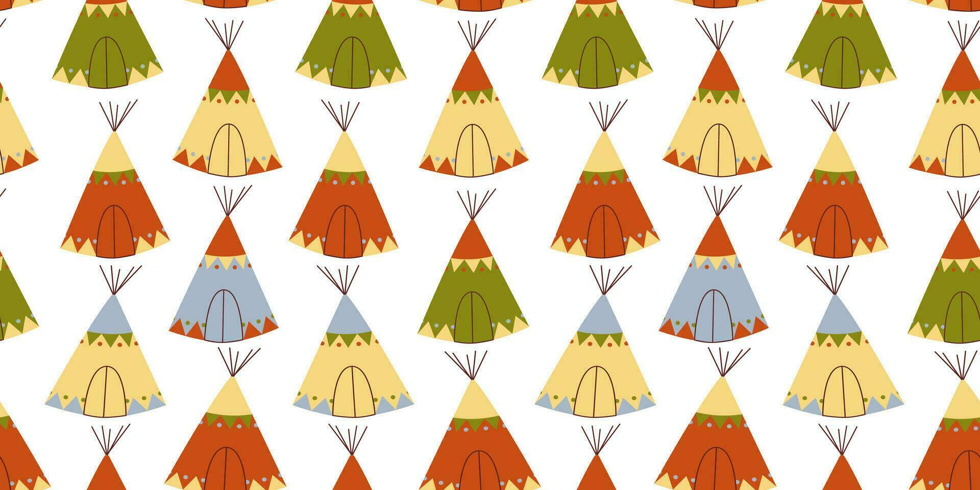 sans couture modèle avec main tiré coloré wigwams sur blanc Contexte dans plat dessin animé style. sauvage Ouest concept. pour arrière-plan, emballage, textile vecteur