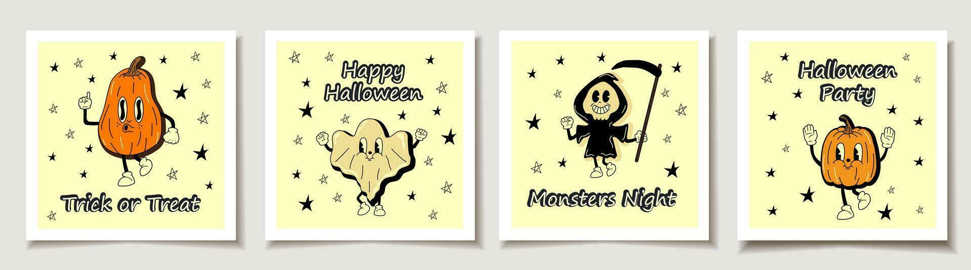 ensemble de Halloween cartes avec ensemble de quatre Halloween 30s dessin animé mascotte personnage 40 ans, 50 ans, Années 60 vieux animation style. salutation cartes avec la magie articles. vecteur