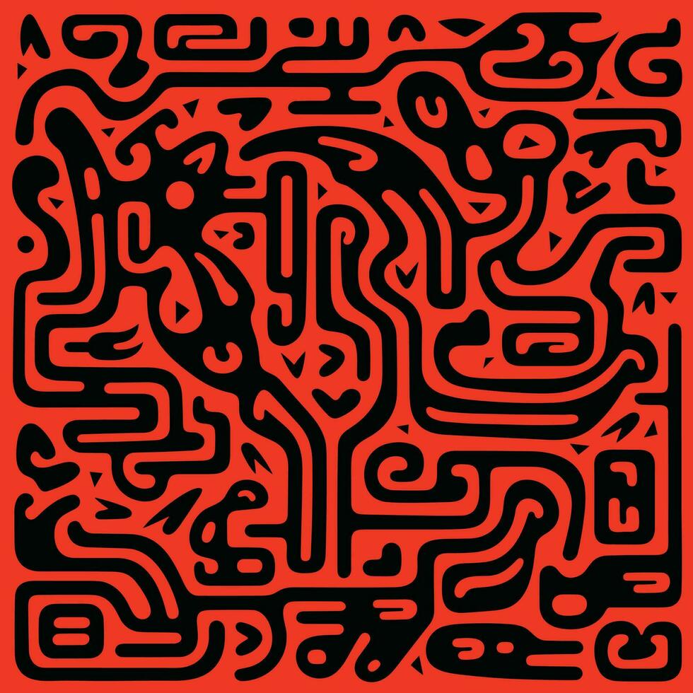 rouge et noir modèle avec une noir graphique conception, dans le style de psychédélique néon, ondulé ligne style, d'inspiration escher, géométrique chaos, en forme de toile, audacieux bloquer impressions, abstraction-création vecteur