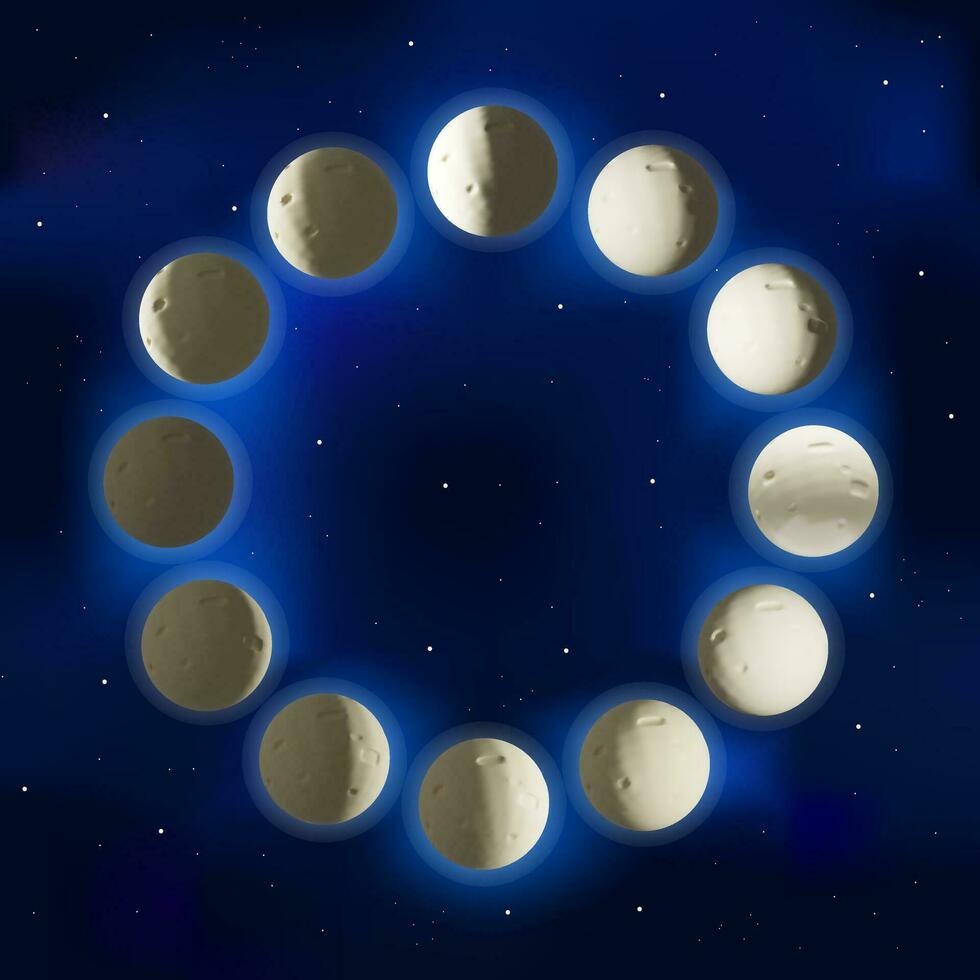 3d rendre lune étapes. réaliste nuit espace astronomie et la nature lune phases sphère ombre. le entier cycle de Nouveau lune à plein lune. vecteur illustration dans argile style. Terre Satellite