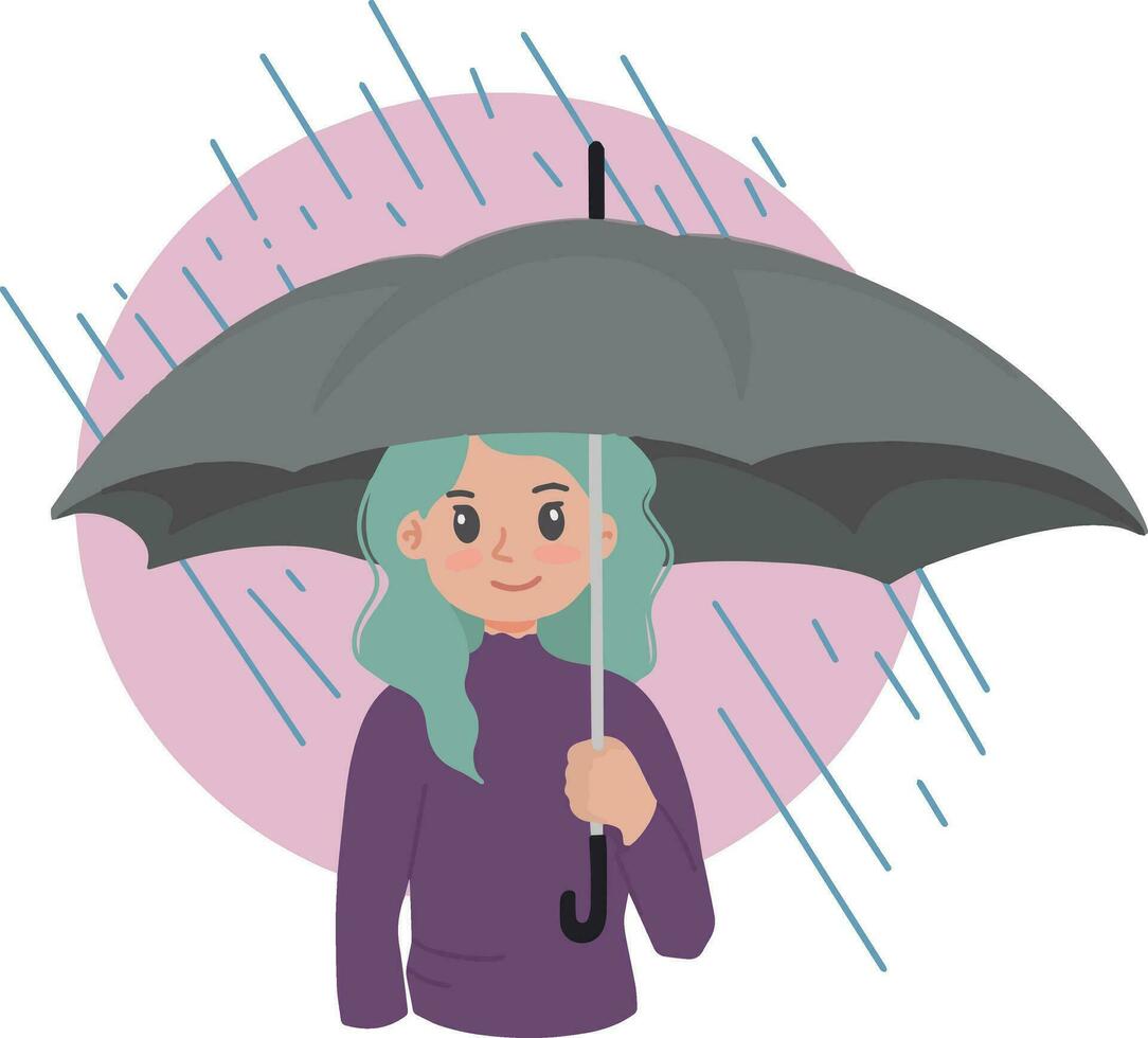portrait de une femme en portant un parapluie lorsque pluvieux journées illustration vecteur