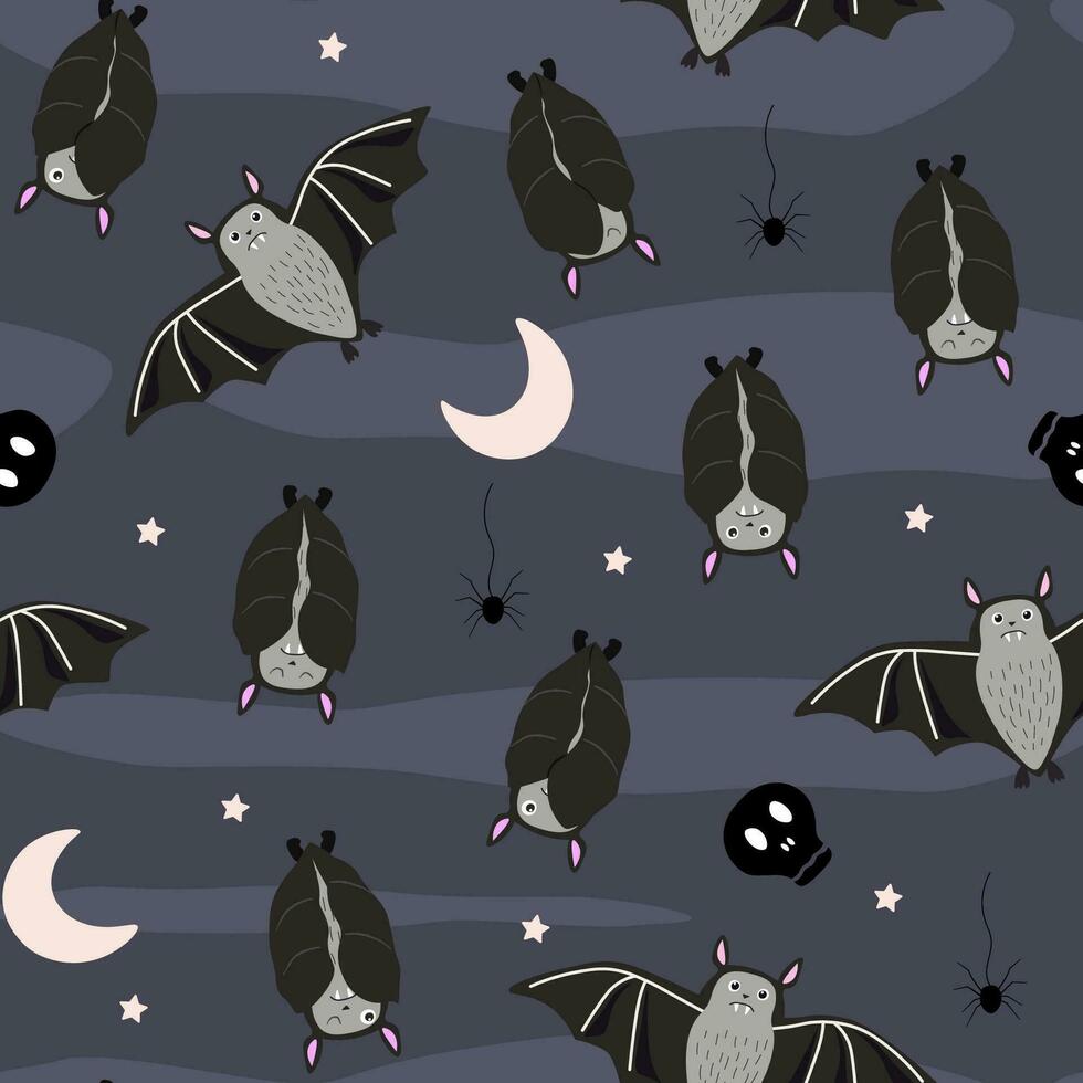 sans couture modèle avec chauves-souris en train de dormir à l'envers bas, lune, crâne. Halloween imprimer. vecteur graphique.