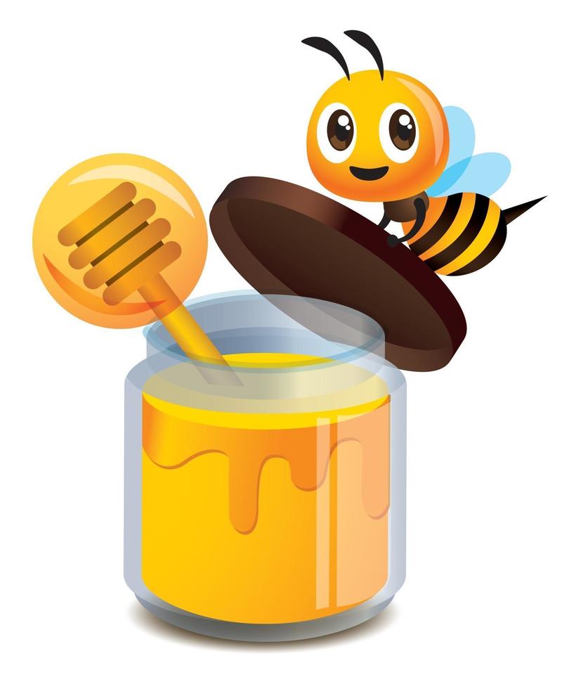 dessin animé mignon abeille ouvrir le bouchon de la bouteille en verre transparent de miel vecteur