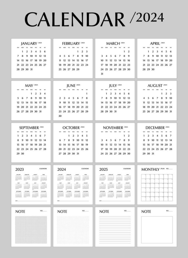 calendrier 2024, planificateur et note, minimal conception, la semaine début dimanche modèle. vecteur