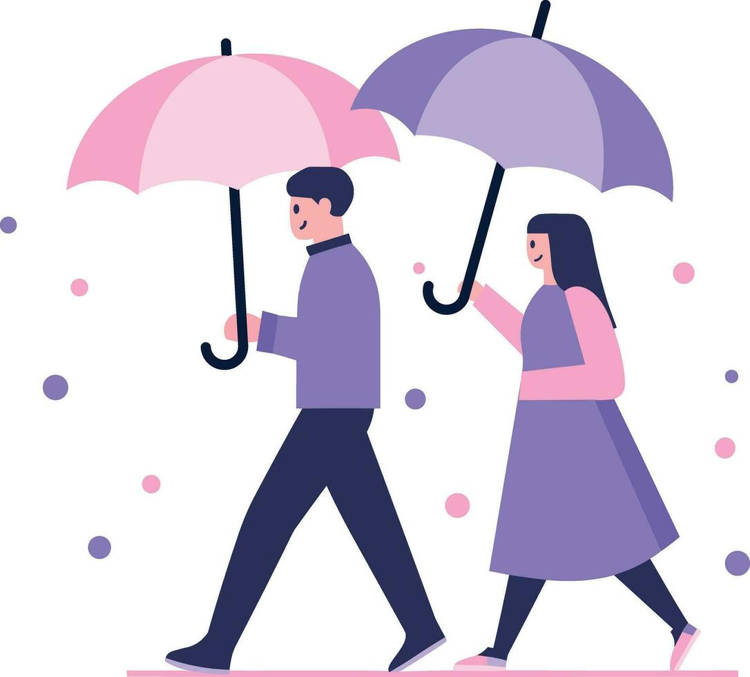 main tiré couple en portant parapluies dans le pluie dans plat style vecteur