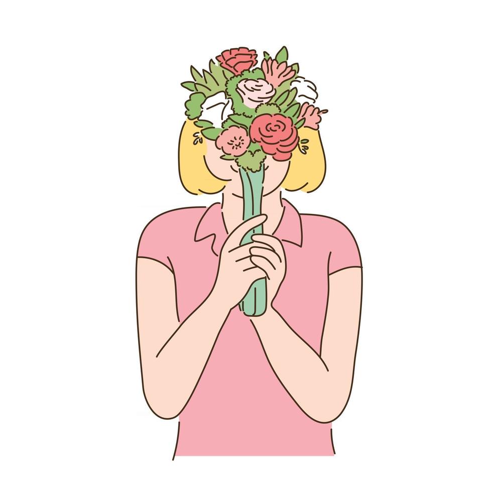 une femme tient une fleur dans sa main et se couvre le visage. vecteur