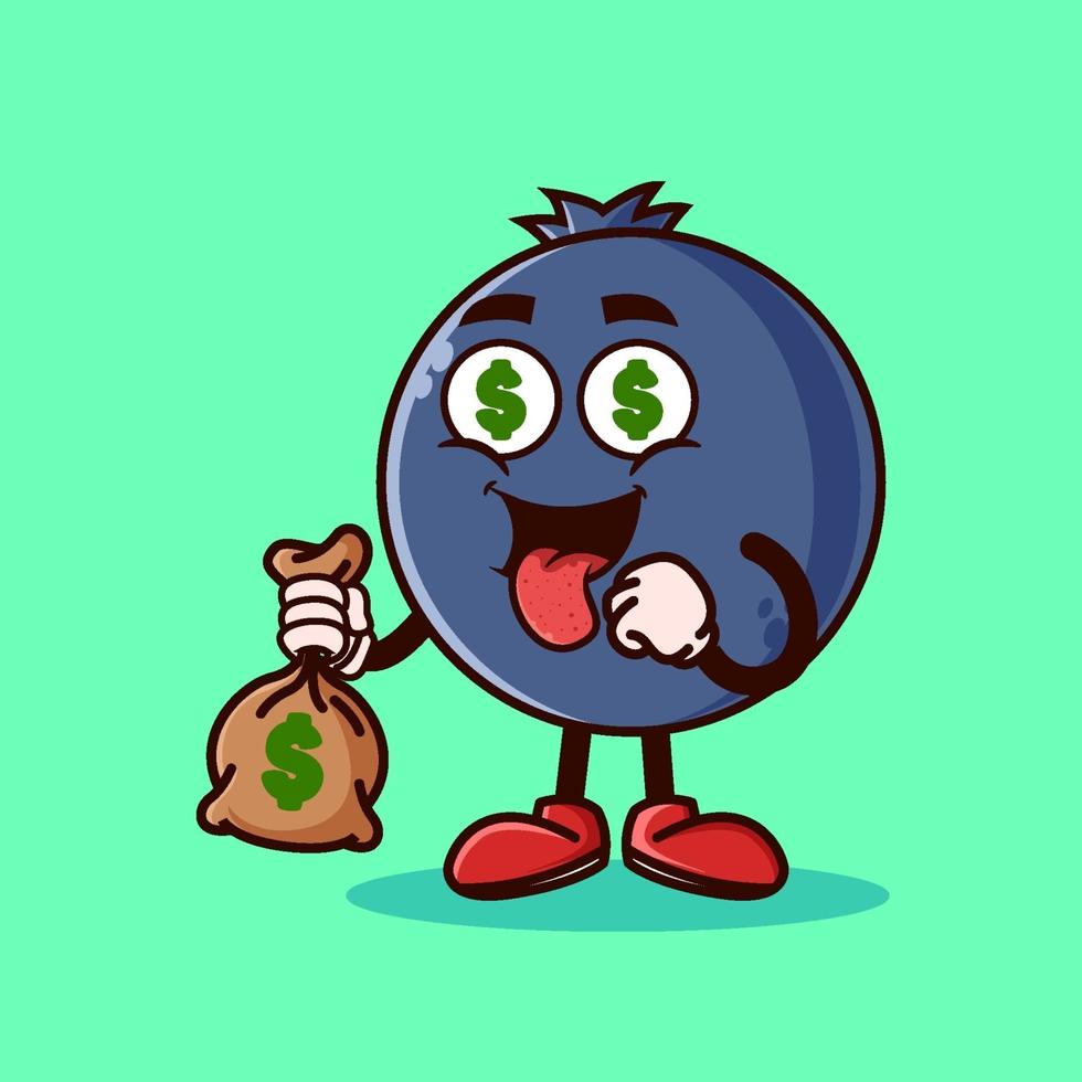 personnage de fruit de myrtille mignon avec des yeux d'argent et tenant un sac d'argent. concept d'icône de caractère de fruits isolé. autocollant emoji. vecteur de style dessin animé plat