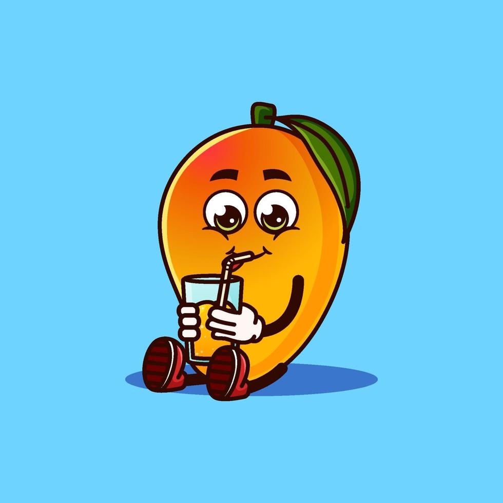 personnage de mangue mignon assis avec du jus de mangue. concept d'icône de caractère de fruits isolé. autocollant emoji. vecteur de style dessin animé plat