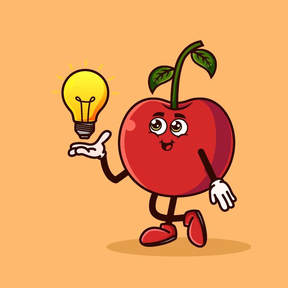 personnage de fruit de cerise mignon avec une idée d'ampoule à portée de main. concept d'icône de caractère de fruits isolé. autocollant emoji. vecteur de style dessin animé plat