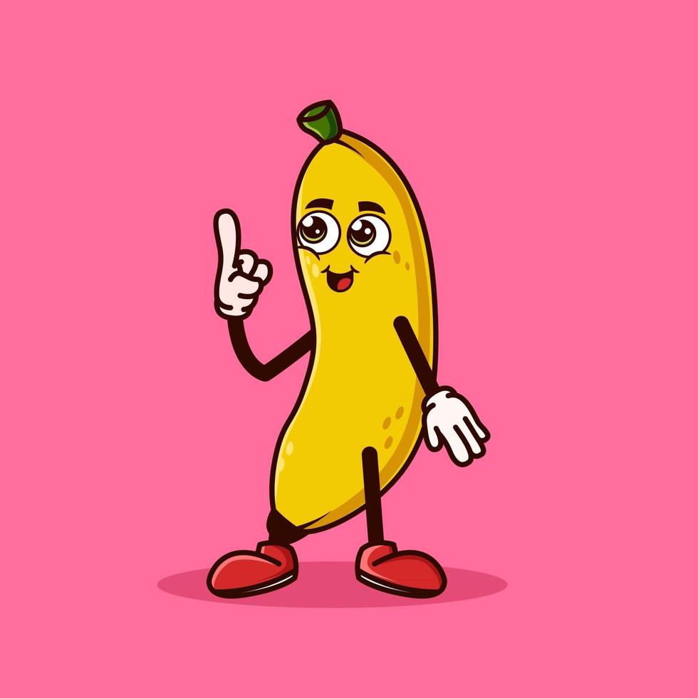 personnage mignon de banane avec un visage heureux et un geste pointant vers le haut. concept d'icône de caractère de fruits isolé. autocollant emoji. vecteur de style dessin animé plat