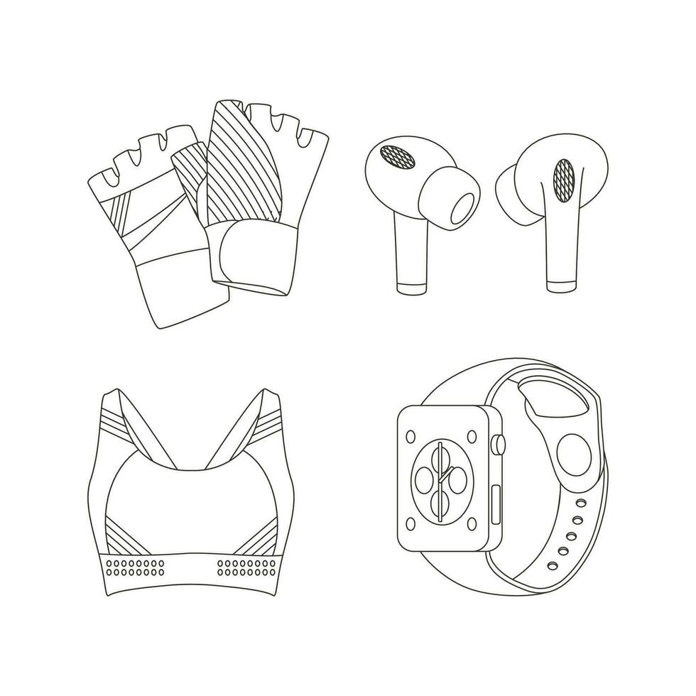 des sports haut, tenue de sport, gants, casque de musique, aptitude montre. sport équipement. aptitude inventaire. ligne art. vecteur