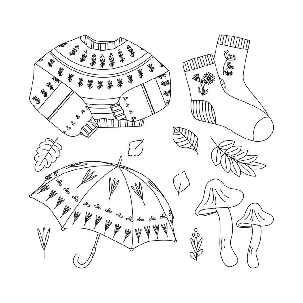 parapluie, champignon, chaussette, feuilles, tricoté chandail. Bonjour l'automne. l'automne saison élément, icône. ligne art. vecteur
