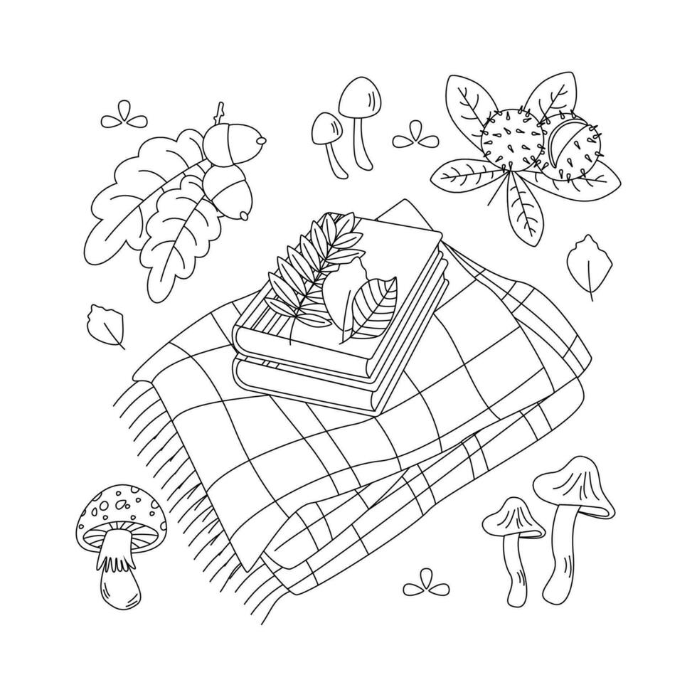 châtaigne, gland, champignon, livre, feuilles, plaid. Bonjour l'automne. l'automne saison élément, icône. ligne art. vecteur